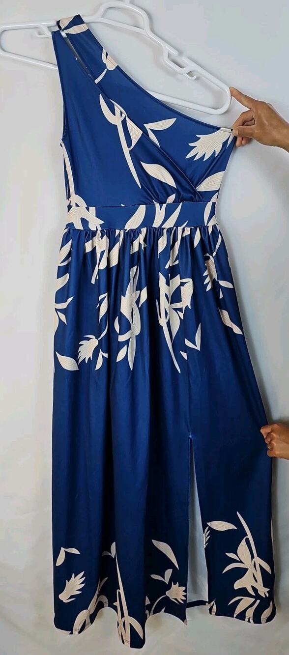 Retro Stage Size M Blue w/ Beige Leaf Pattern Dress for Women One Shoulder Maxi